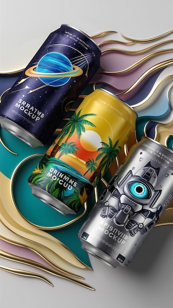 Photo mockup of three drink cans composition