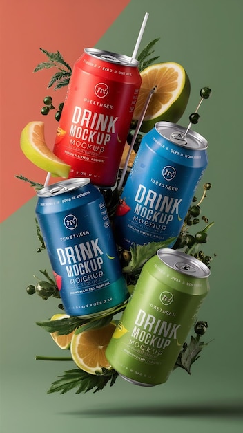 Photo mockup of three drink cans composition