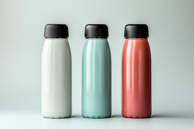 Mockup of three stainless steel tumbler bottles