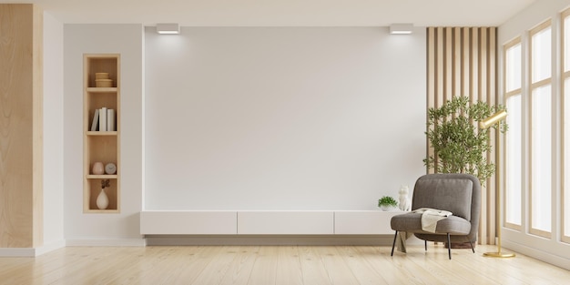 Mockup a TV wall mounted with armchair in living room with a white wall