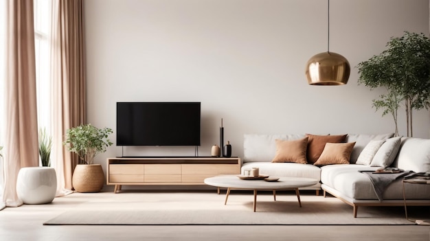 Mockup a TV wall mounted with sofa in living room with a white wall3d rendering