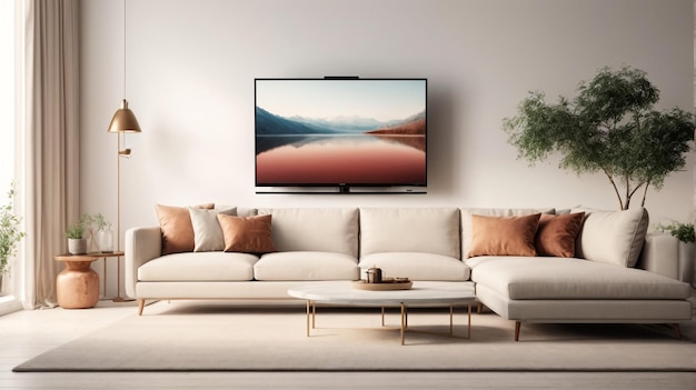 Mockup a TV wall mounted with sofa in living room with a white wall3d rendering