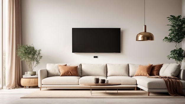 Mockup a TV wall mounted with sofa in living room with a white wall3d rendering