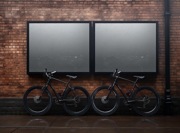 Mockup Two Bicycles Parked On A Brick Wall Near A Billboard In