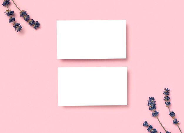 Mockup two cutaway business card on a pink minimalism background and lavender flowers