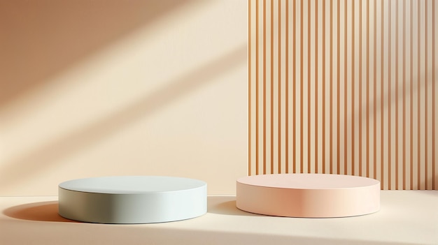 A mockup of two podiums with a pastel blue and peach circular base