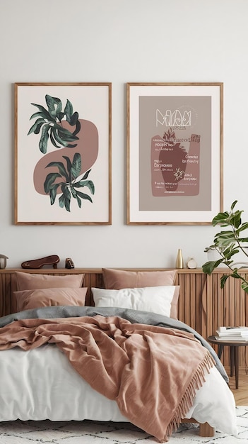 Photo mockup two poster frame in bedroom illustration