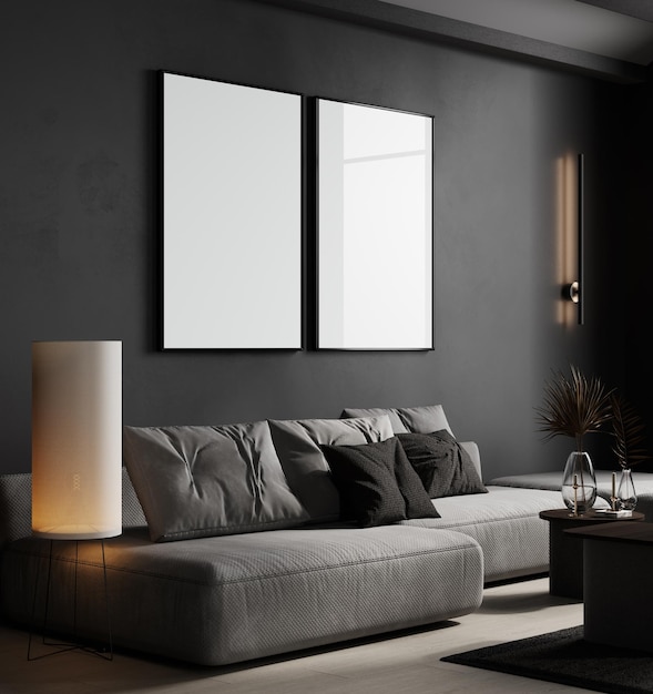 Mockup two poster frames in dark modern interior background 3d rendering