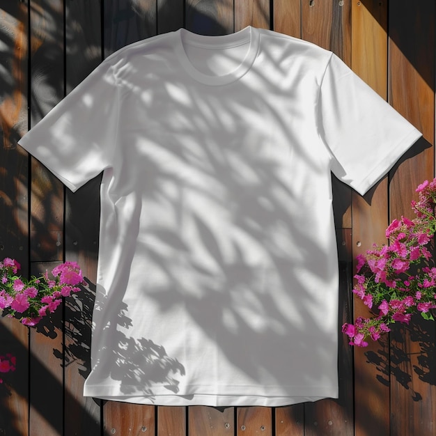 Photo mockup of unisex bella canvas t shirt on deck with flowers