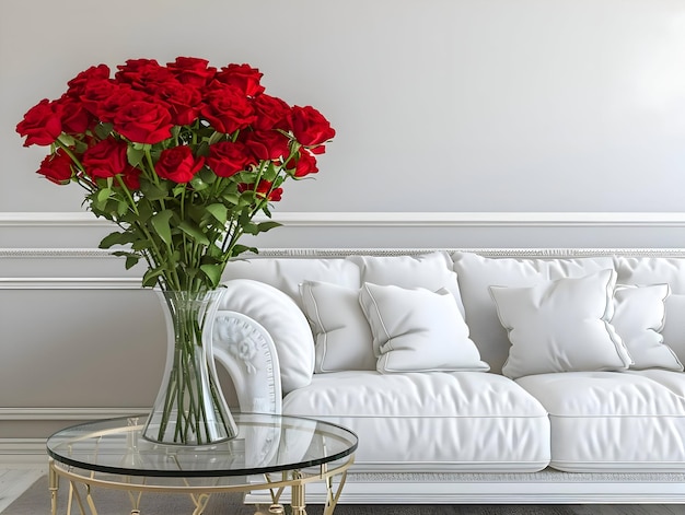 A mockup of a Valentines Day romantic bouquet of bright red roses in a cozy white interior