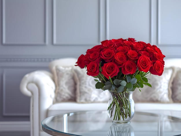 A mockup of a Valentines Day romantic bouquet of bright red roses in a cozy white interior