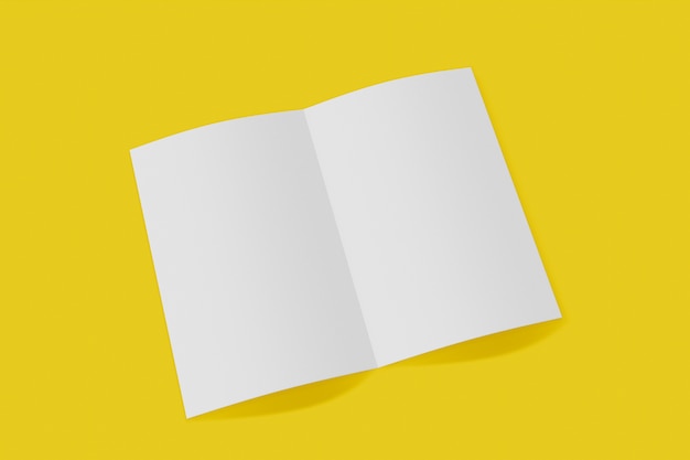 Mockup vertical booklet, brochure, invitation isolated on a yellow background with soft cover and realistic shadow. 3D rendering.