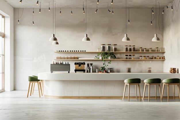 A mockup wall and bar island are featured in this modern cafe interior