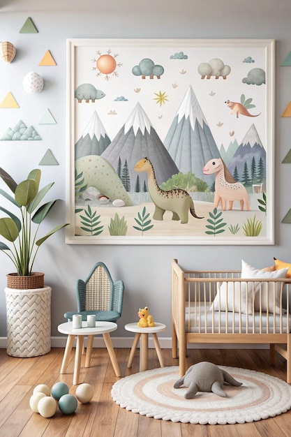 Photo mockup wall in the childrens room on light white color wall3d renderi