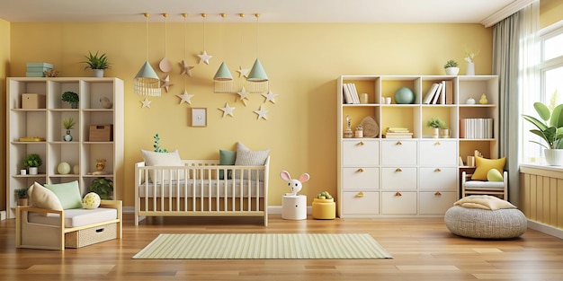 Mockup wall in the childrens room on wall cream color background3d renderin