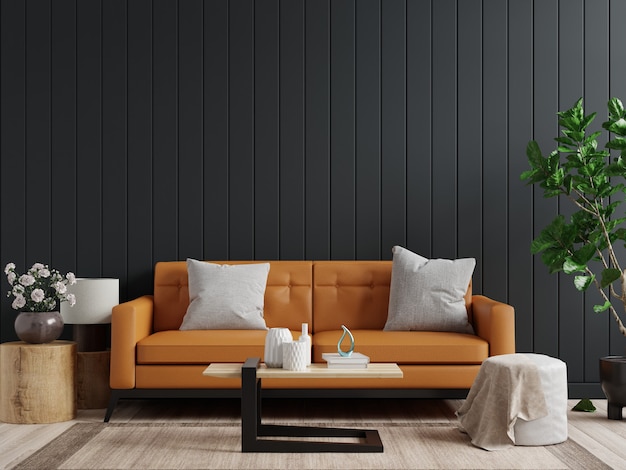 Mockup wall in dark living room interior background with Leather sofa and table on empty dark wooden wall, 3d rendering