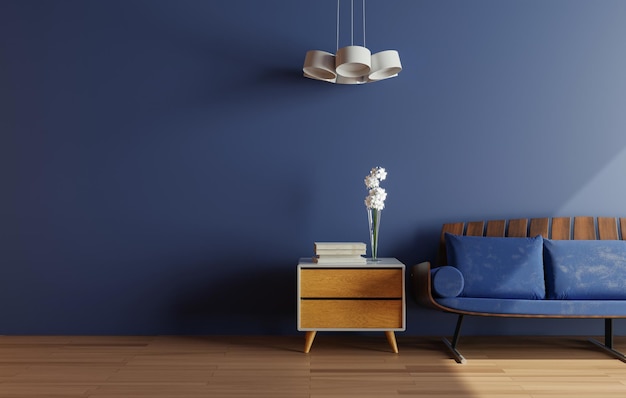 Mockup wall design chair and plants with blue wall copy space 3D rendering