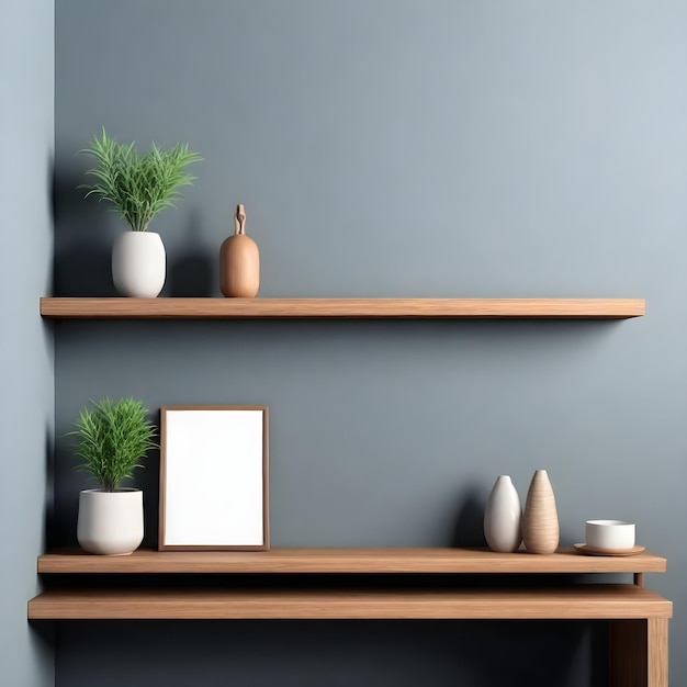 Mockup wall with wooden shelf and accessories decoration