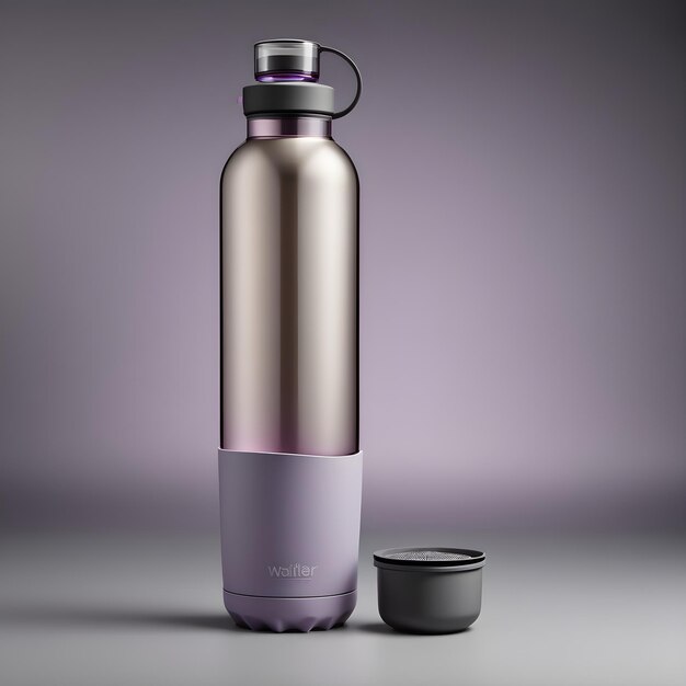 mockup of a water bottle with a lid and a black cap