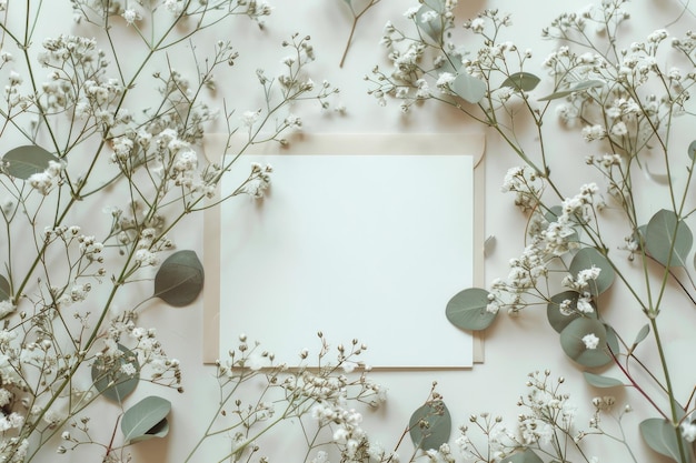 Mockup of Wedding Invitation with Eucalyptus and Gypsophila Sprigs