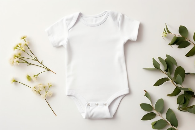 Mockup of white baby bodysuit on white background with greenery decorations Baby body suit mock up