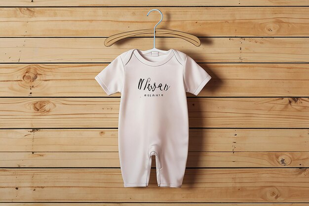 Photo mockup of white babysuit hanging from a wooden hanger