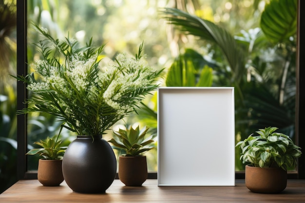 Mockup of a white blank frame on the table