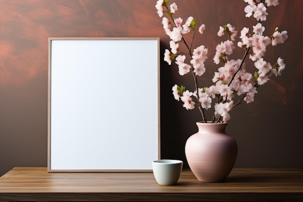 Mockup of a white blank frame on the table