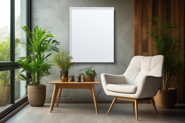 Mockup of a white blank poster frame on the wall