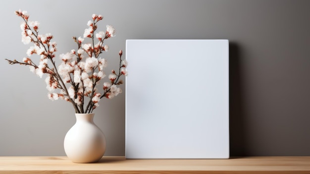 mockup white canvas vase cherry blossoms wooden table grey wall modern interior design themes