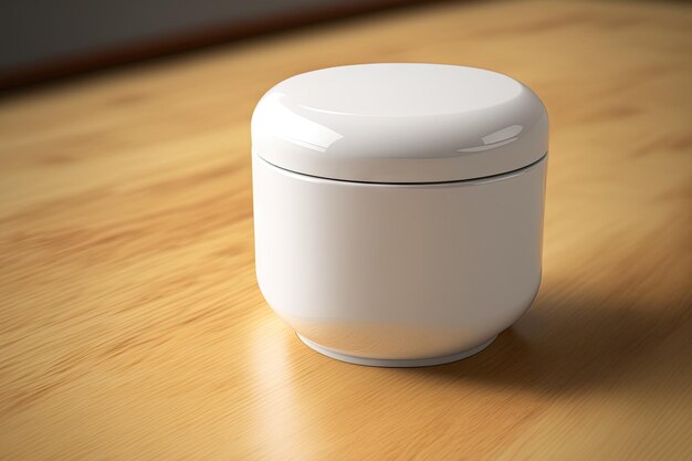 Mockup of a white ceramic container on a wooden table