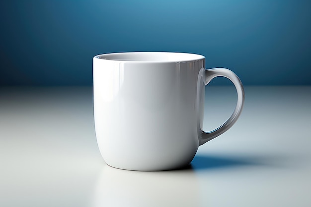 Mockup of a white ceramic mug on a blue background