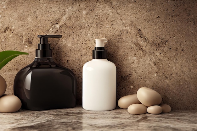 Mockup white cosmetic box on natural stone podium on beige background minimal design concept