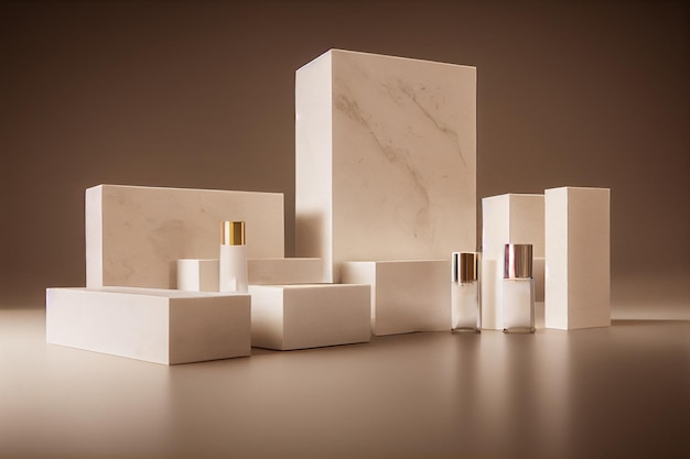 Mockup white cosmetic box on natural stone podium on beige background minimal design concept