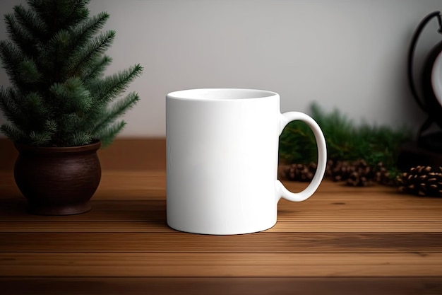 Mockup of a white cup with an evergreen for the winter or Christmas