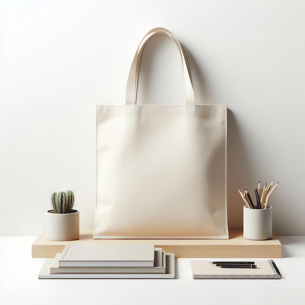 Mockup of White Fabric Bag with Stationery