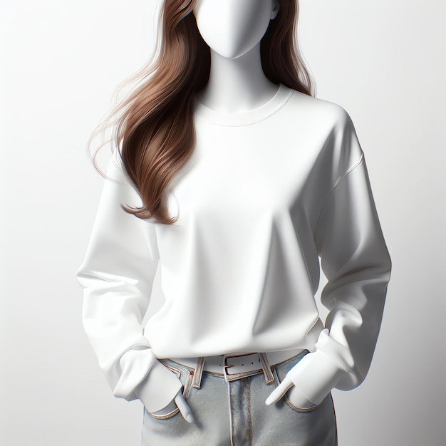 Mockup of White Female Mannequin Wearing Long Sleeve White TShirt