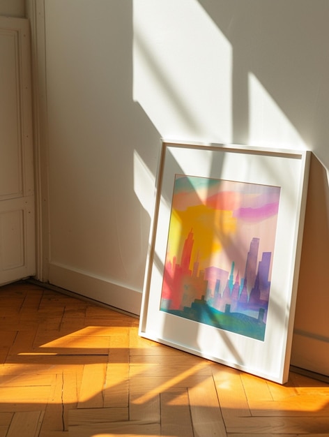 Mockup of a white frame painting of a city skyline is on a wooden floor in a minimal room