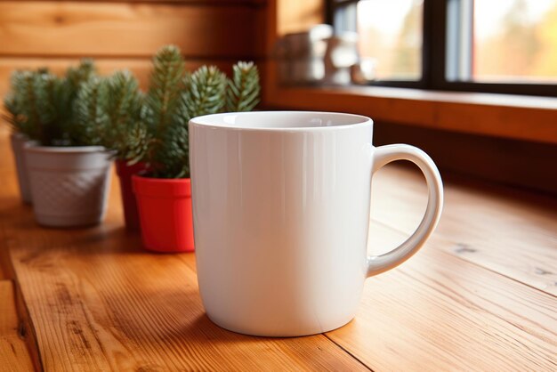 Mockup of a white mug standing on a wooden windowsill