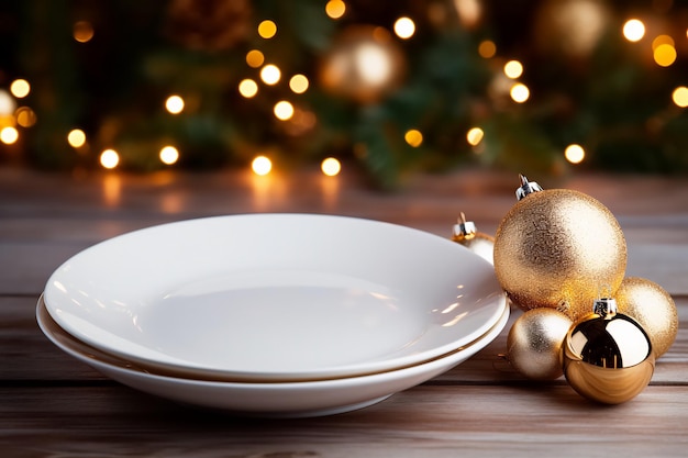 mockup of a white plate on a table with Christmas balls and lightsAI generated