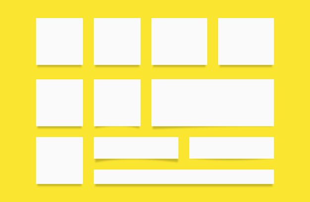 Mockup of white sheets of paper of different shapes with a shadow on a yellow background