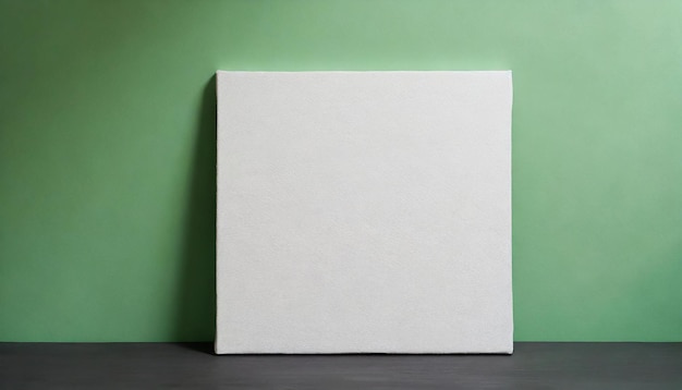 Photo mockup of white square canvas on light green background blank poster