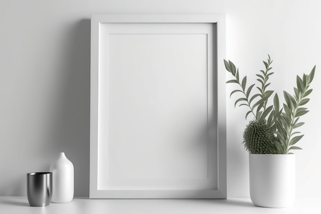 Mockup of a white wall with a blank empty picture frame in white interior design mockup template for artwork