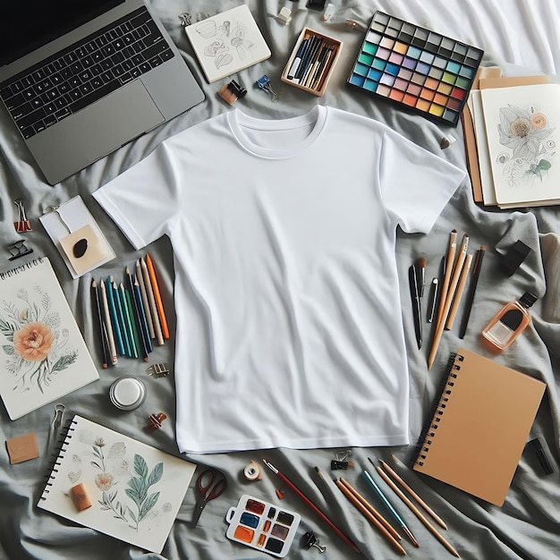 Photo a mockup with a blank brown tshirt laid out on a bed surrounded by scattered art supplies