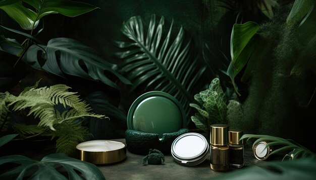 Mockup with cosmetic products and background with tropical leaves