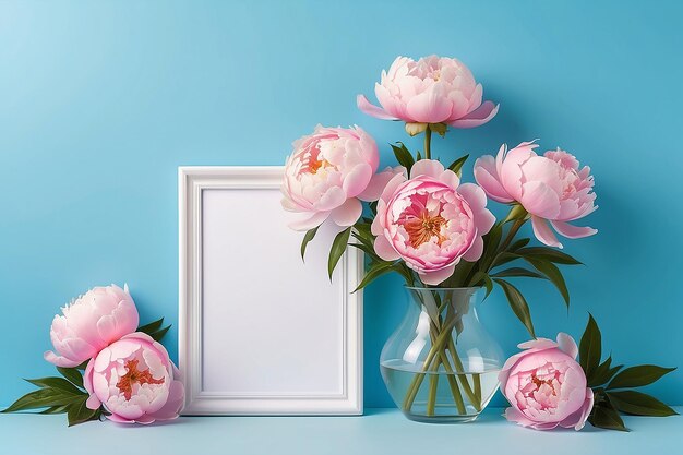 Mockup with a white frame and pink peonies in a vase on a blue background