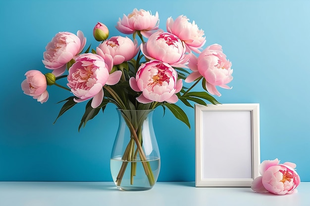 Mockup with a white frame and pink peonies in a vase on a blue background