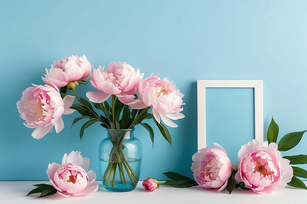 Photo mockup with a white frame and pink peonies in a vase on a blue background