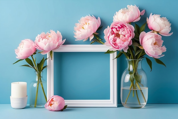 Mockup with a white frame and pink peonies in a vase on a blue background