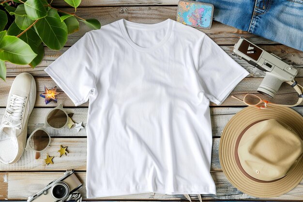 Photo mockup with white tshirt on wooden background and vintage props